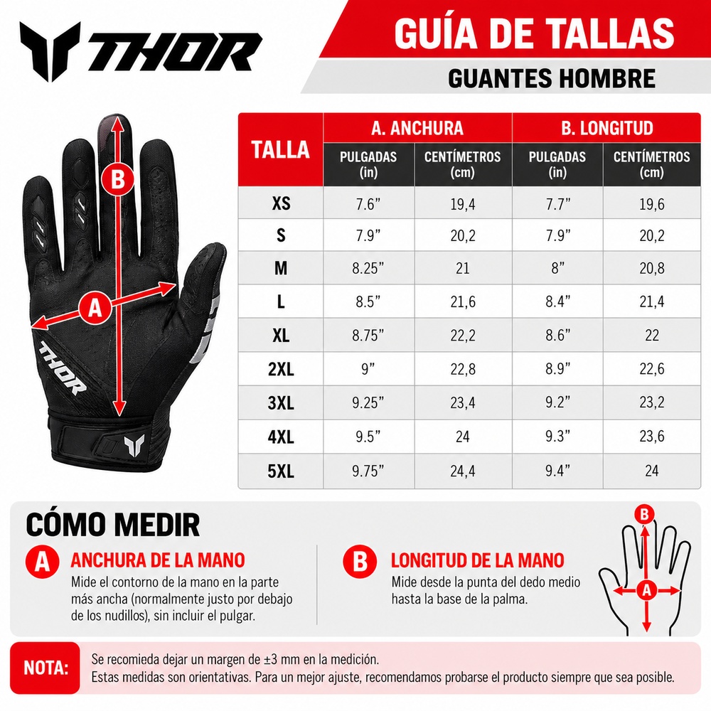 Guia de tallas de Guantes Thor adulto