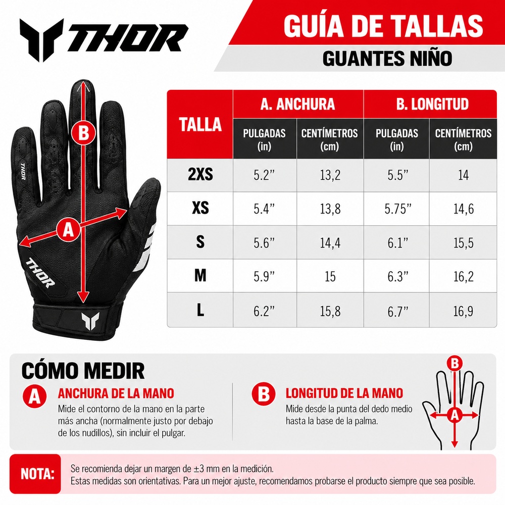 Guia de tallas de guantes thor niño